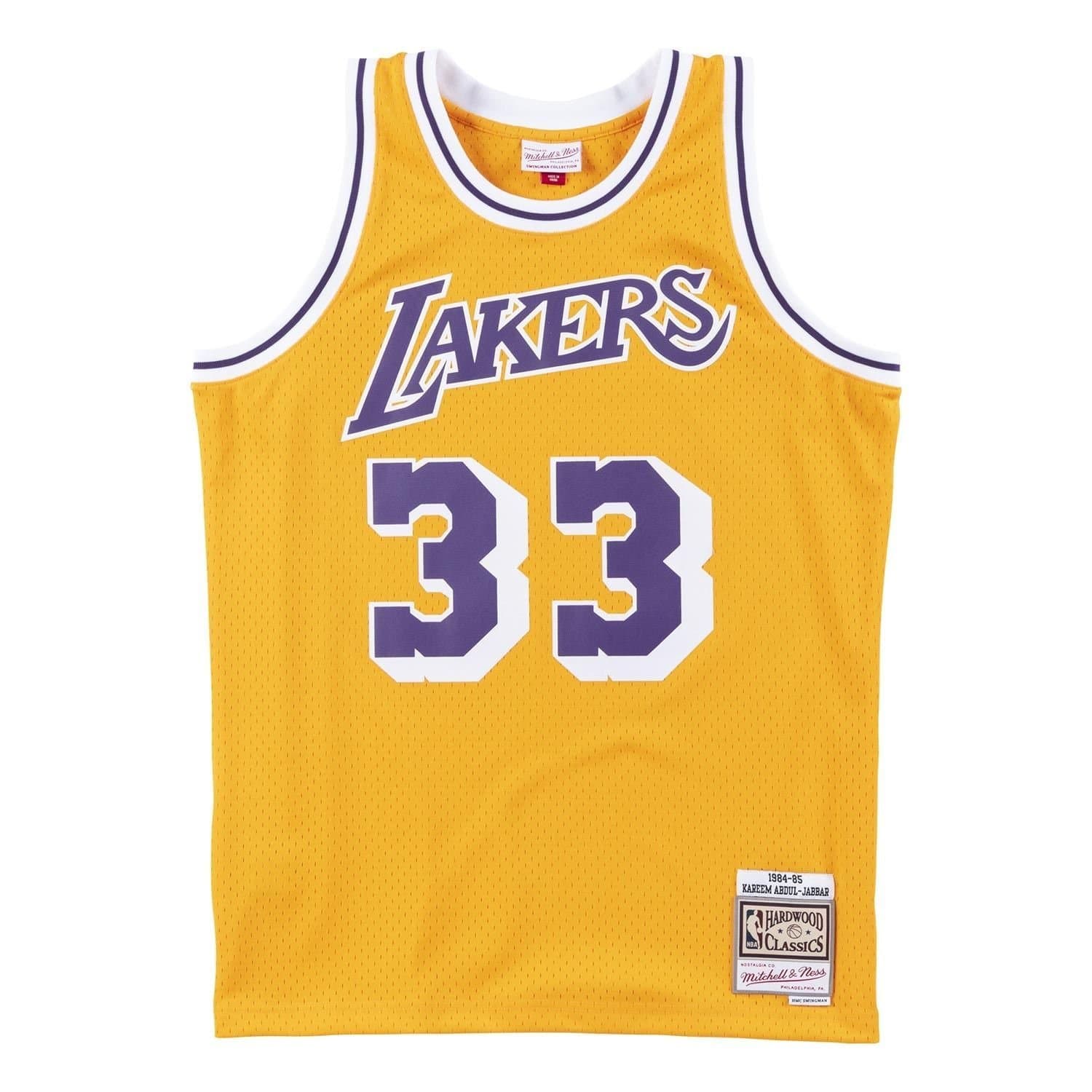 Kareem Abdul-Jabbar #33 Los Angeles Lakers 1984-85 Mitchell & Ness Swingman NBA Jersey Yellow — view 1