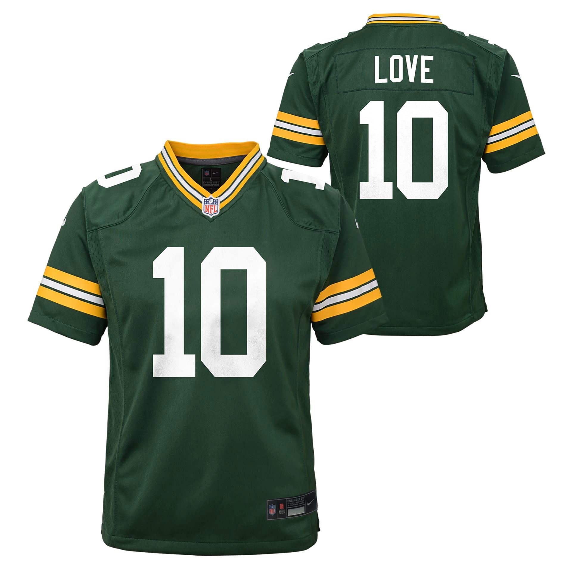 Jordan Love #10 Green Bay Packers Game NFL Jersey Green (YOUTH) — view 1