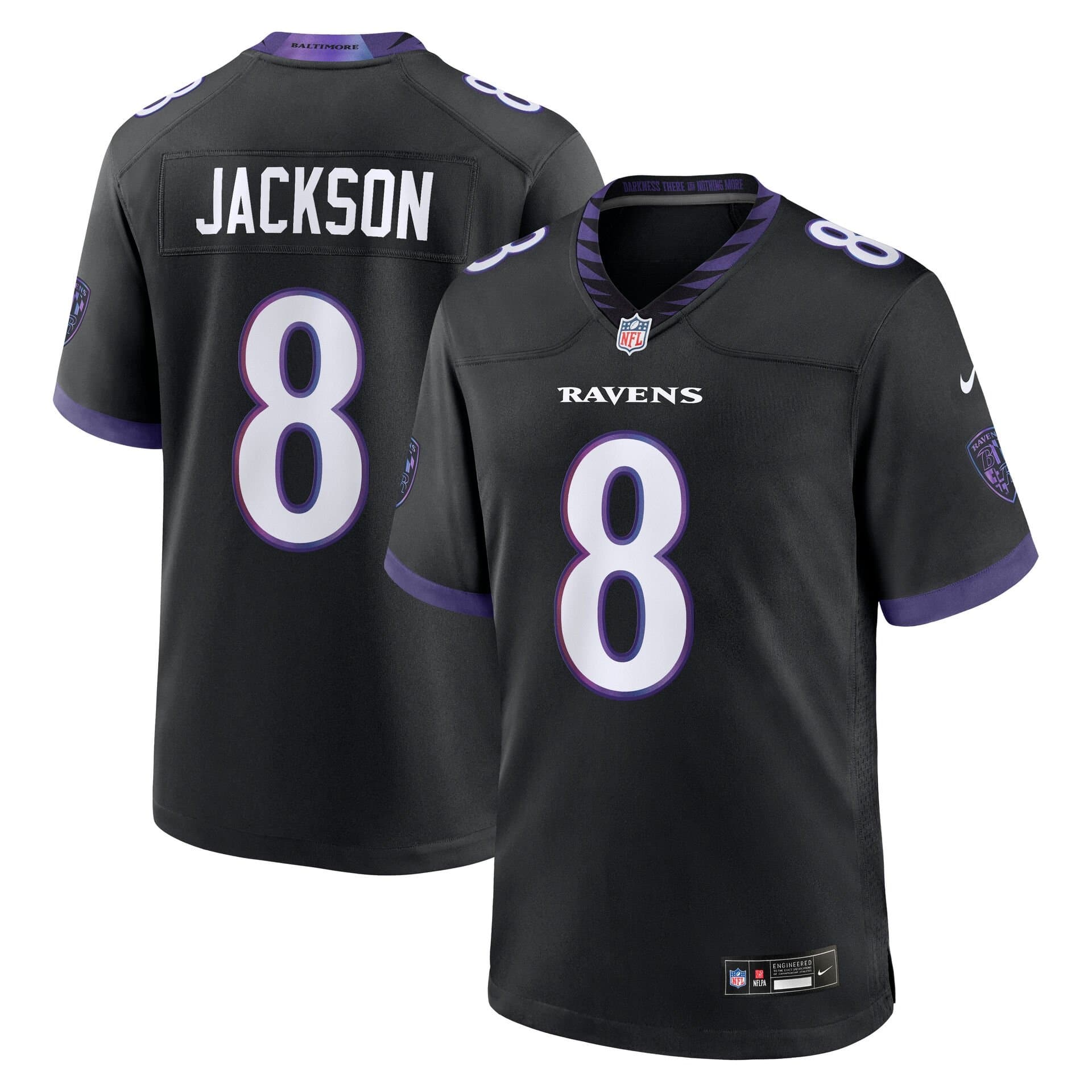 Lamar Jackson #8 Baltimore Ravens 2026 Game NFL Jersey Alternate Black — view 1