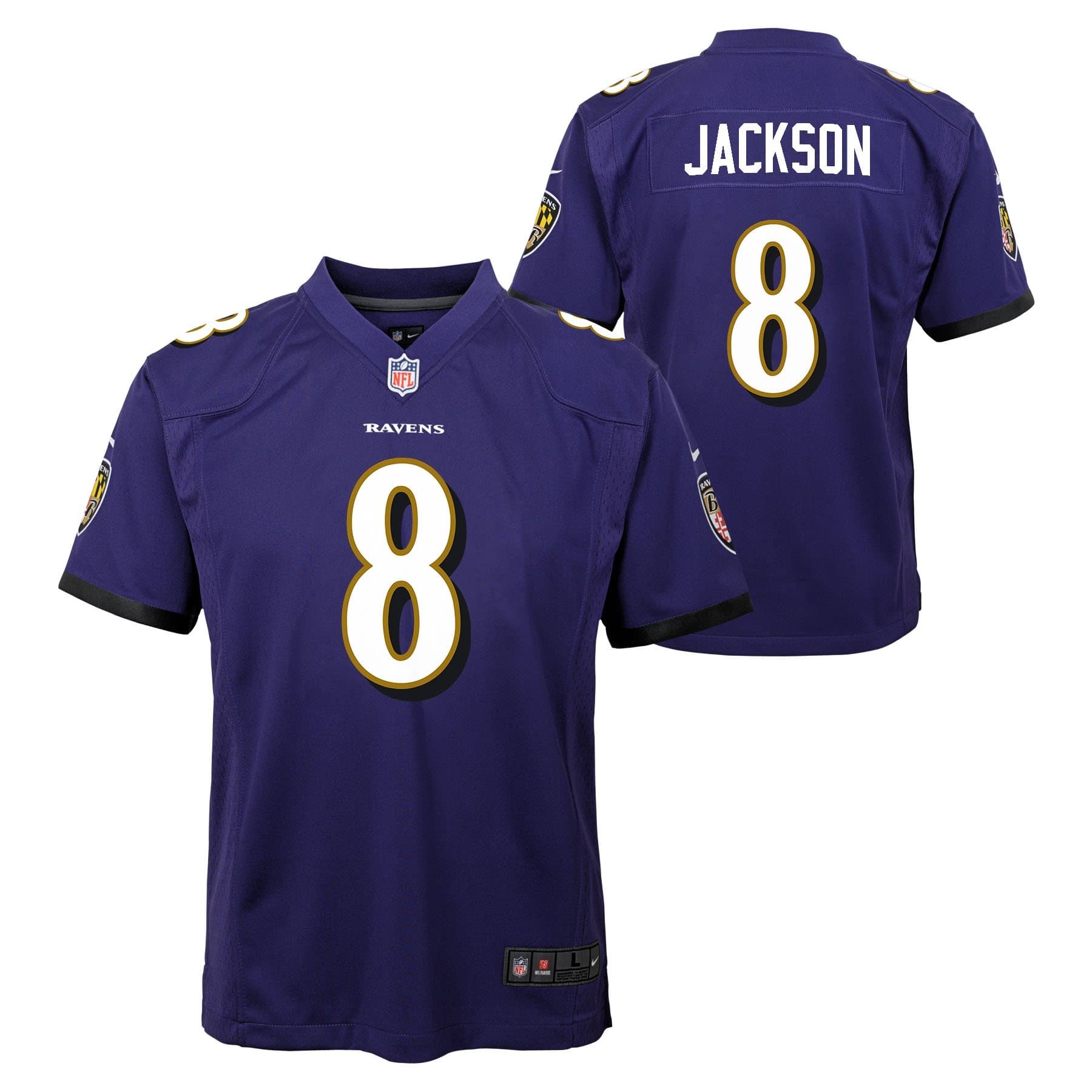 Lamar Jackson #8 Baltimore Ravens Game Youth NFL Jersey Purple (YOUTH) — view 1