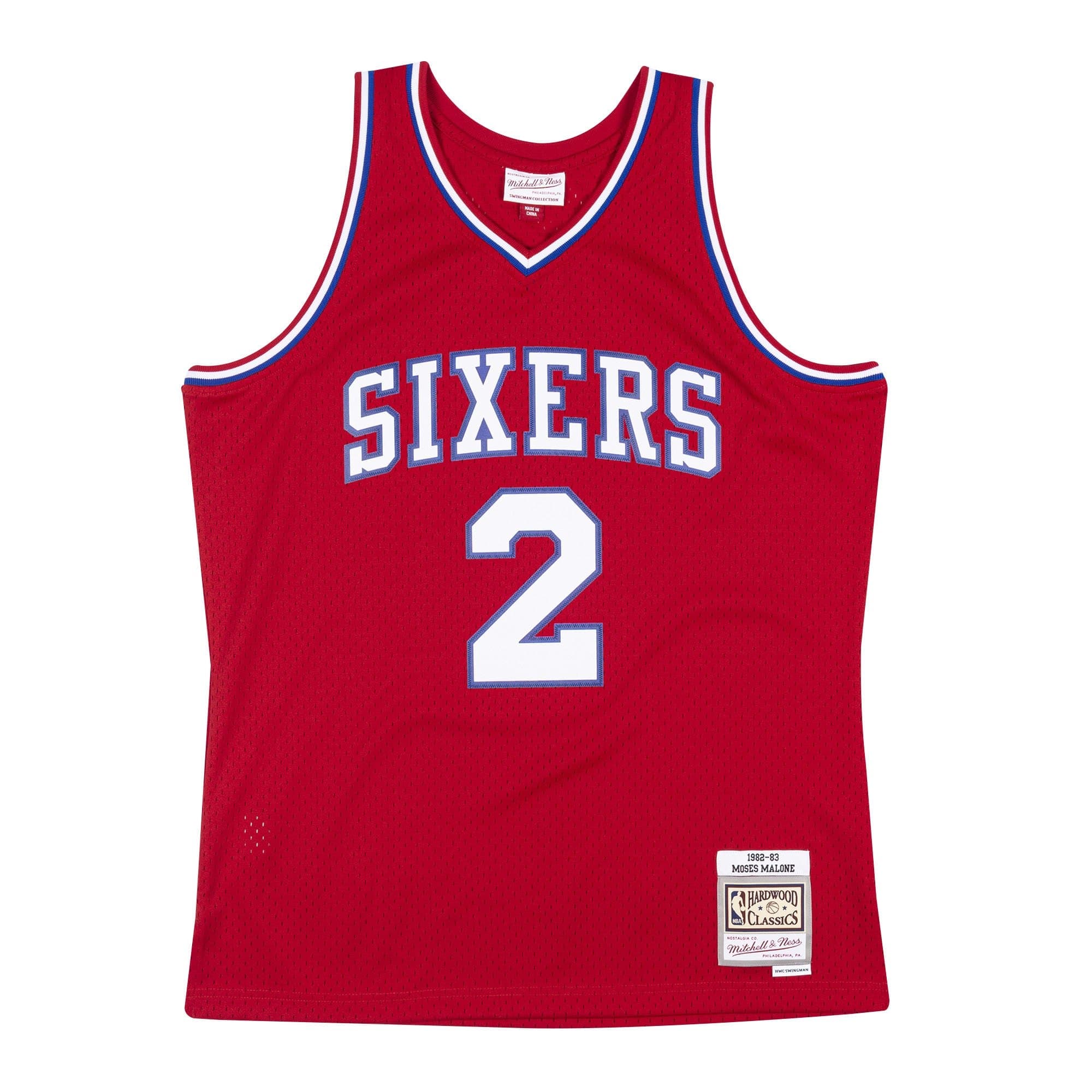 Moses Malone #2 Philadelphia 76ers 1982-83 Mitchell & Ness Swingman NBA Jersey Red — view 1